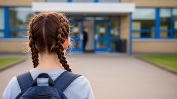 Vista posterior de una joven con peinado de dos trenzas y mochila azul ante la entrada de un edificio escolar.