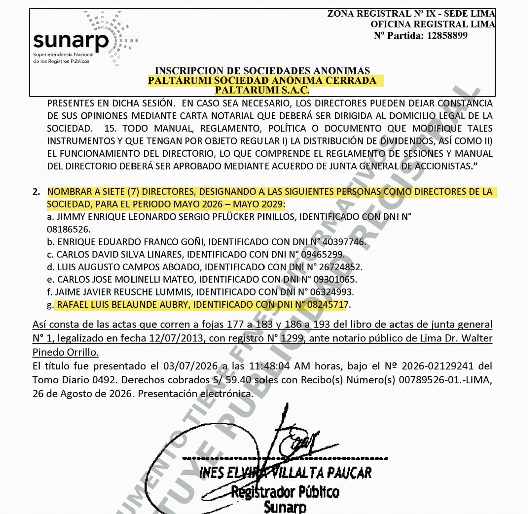Un documento de la Sunarp en Lima acredita el nombramiento de siete directores de la empresa Paltarumi S.A.C. para el periodo de 2026 a 2029.