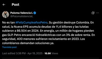 Paloma Valencia criticó a Gustavo