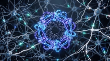 Una forma circular luminosa de tonos azules y morados con un núcleo oscuro, rodeada por una red de estructuras ramificadas de color gris con puntos de luz