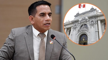 Un hombre con traje gris y corbata habla frente a un micrófono junto a una vista circular de la fachada del Palacio Legislativo de Perú