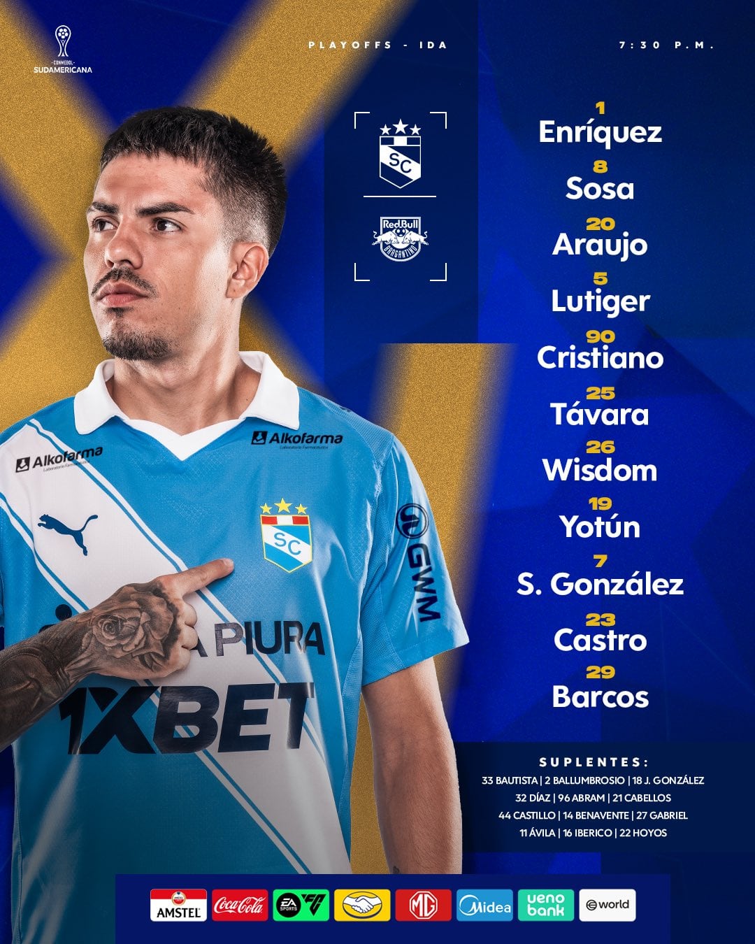 Once de Sporting Cristal para el duelo ante Bragantino por Copa Sudamericana 2026 - Crédito: X.