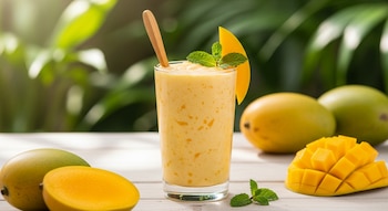 Vaso de agua de mango cremosa con cuchara de madera, menta y rodaja de mango; mangos enteros y cortados sobre mesa blanca, fondo verde borroso.