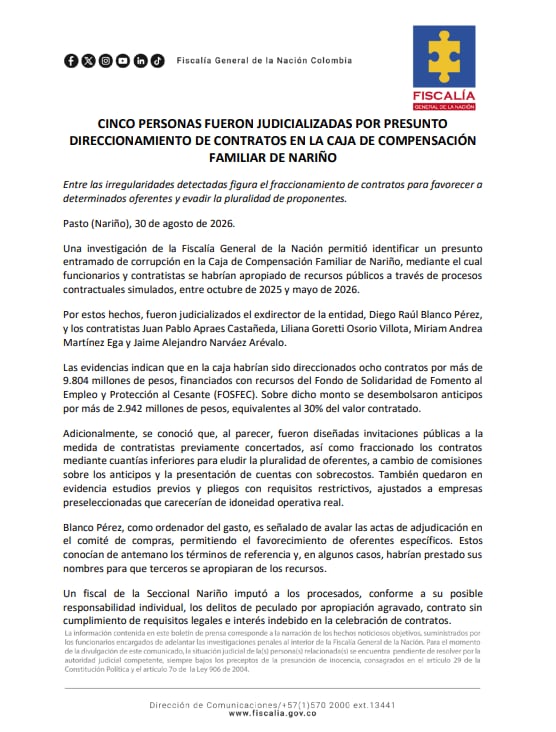La investigación, liderada por la Fiscalía General de la Nación, señaló que el grupo habría manipulado procesos de contratación entre octubre de 2025 y mayo de 2026 para favorecer intereses particulares - crédito Fiscalía