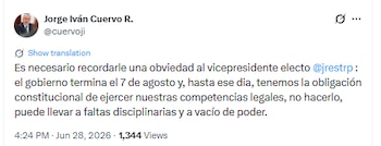 Esta é a declaração do Ministro da Justiça ao vice-presidente eleito - crédito @cuerviji/X