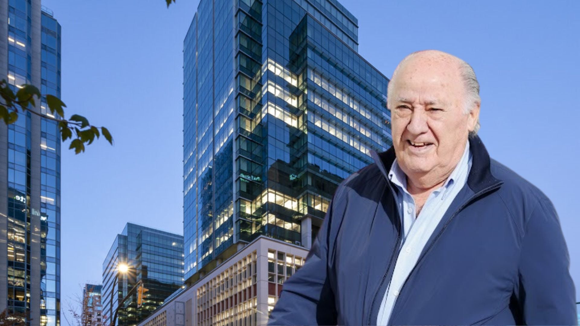 Amancio Ortega junto al edificio de oficinas en Vancouver adquirido por Pontegadea (Montaje Infobae España)