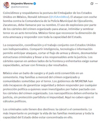 El atentado ocurrió entre el 30 y 31 de agosto frente a la comandancia de Ojocaliente, Zacatecas