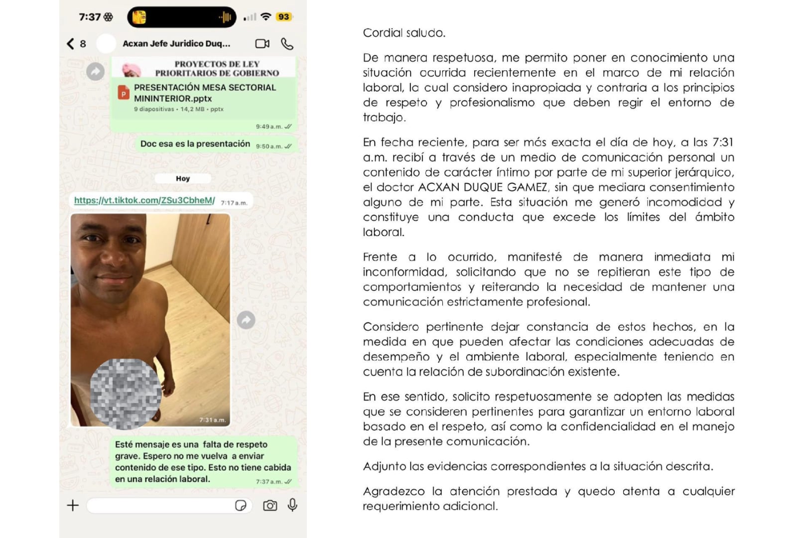 La candidata Paloma Valencia reveló denuncia de una funcionaria que recibió contenido sexual por parte del viceministro Acxan Duque - crédito @PalomaValenciaL/X