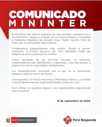 Comunicado oficial del Ministerio del Interior sobre fondo rojo y blanco con texto impreso e insignias institucionales en la parte inferior
