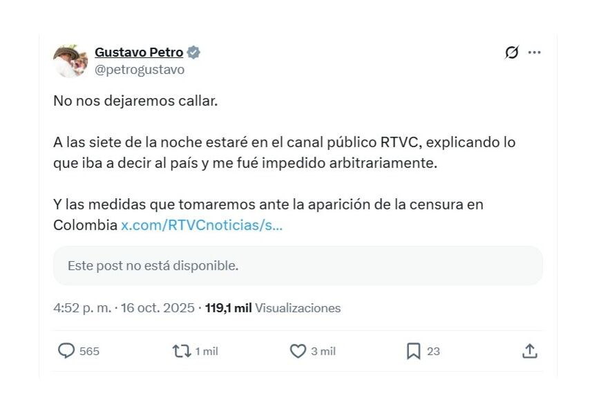 Gustavo Petro había anunciado aparición el jueves 16 de octubre, a las 7:00 p. m., pero llegó tarde a su propia cita - crédito @petrogustavo/X