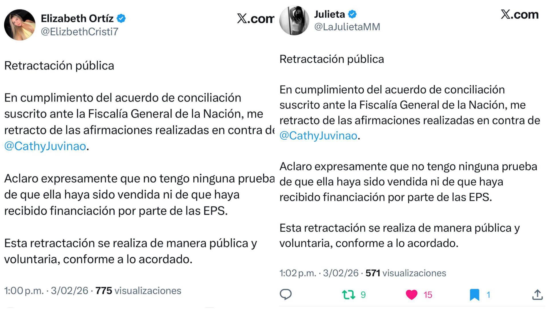 Elizabeth Ortiz y Laura Julieth Martínez reconocieron que no poseen pruebas de que Catherine Juvinao hubiera recibido financiación por parte de entidades de salud - crédito X