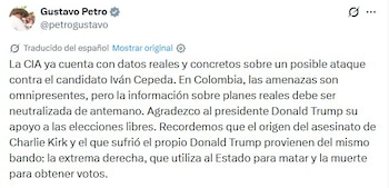 La intervención ante el Congreso estadounidense visibilizó la vigilancia que se mantiene sobre las elecciones, ante la probabilidad de consecuencias externas si se concretan atentados contra candidatos - crédito captura de pantalla @petrogustavo / X