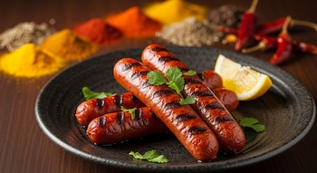 Cuatro salchichas merguez rojas a la parrilla con marcas de la parrilla, decoradas con cilantro fresco y un gajo de limón en un plato oscuro. Al fondo, montones de especias de colores.