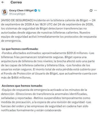 Captura de pantalla de un comunicado de Gracy Chen sobre un aviso de seguridad y transferencias no autorizadas en Bitget