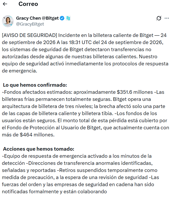 La plataforma Bitget suspendió los retiros de activos digitales para investigar el incidente junto a las firmas especializadas Mandiant y SlowMist. (X: GracyBitget)
