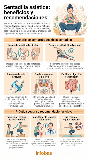 Infografía sobre la sentadilla asiática. Incluye ilustraciones de una persona en cuclillas, articulaciones, músculos, órganos digestivos, y texto explicativo.
