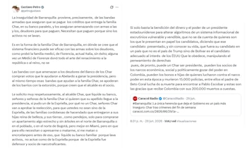 El presidente Gustavo Petro aseguró que la inseguridad en Barranquilla proviene de "bandas armadas" presuntamente ligadas al clan Char - crédito @petrogustavo/X