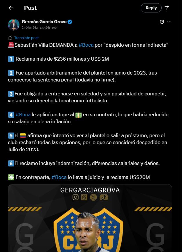 El periodista entregó detalles sobre el lío judicial que hay entre el jugador y el cuadro seis veces campeón de la Copa Libertadores-crédito @GerGarciaGrova/X