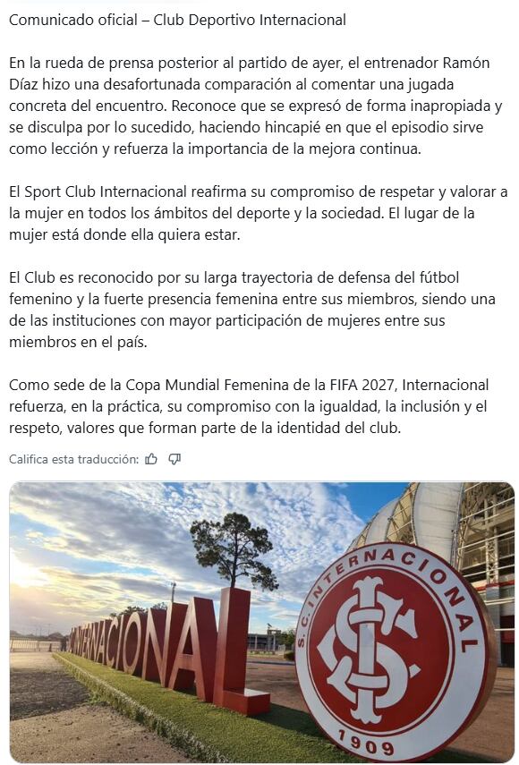 El comunicado de Inter tras la frase de Ramón Díaz