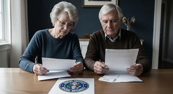Una pareja de ancianos, con cabello gris, sentada en una mesa de madera. Ambos sostienen papeles. Sobre la mesa, se ve una carta con el logo del Seguro Social de EE. UU.