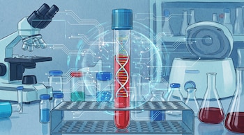 Un laboratorio con microscopio, tubo de ensayo con ADN y líquido rojo, frascos, matraces, viales y centrífuga, con circuitos digitales.