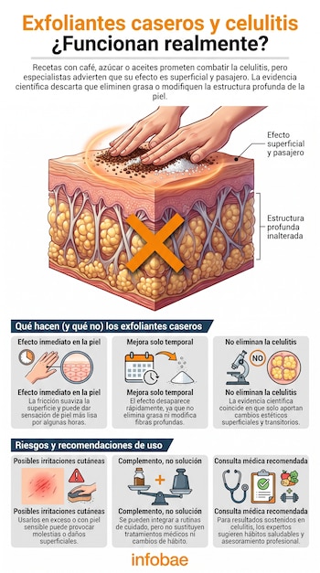 Infografía con título "Exfoliantes caseros y celulitis ¿Funcionan realmente?". Muestra manos exfoliando piel y su sección transversal con grasa. Incluye iconos y textos explicativos.