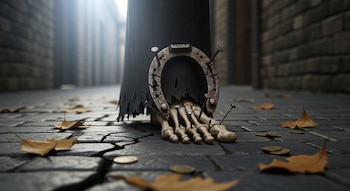 Primer plano del pie esquelético de la Muerte, con una herradura oxidada y clavos incrustados, bajo una túnica negra rasgada en un callejón adoquinado con hojas y monedas.