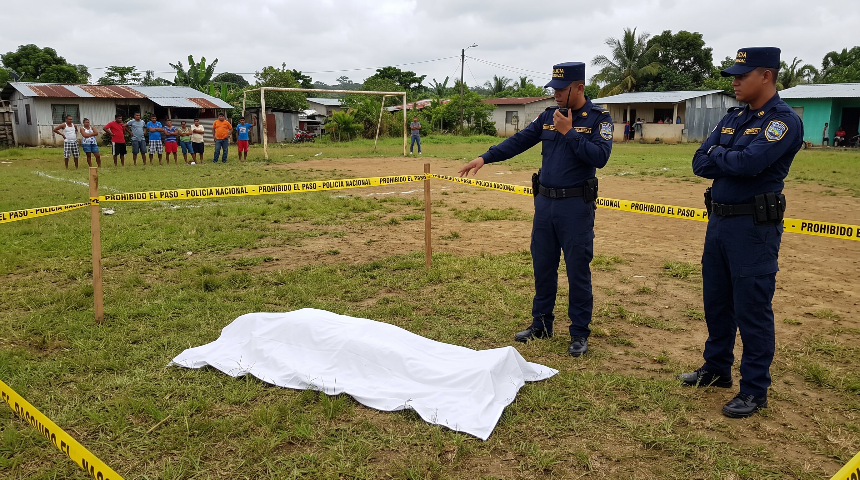 Agentes de la Policía Nacional de Panamá acordonan la escena de un crimen donde yace un cuerpo cubierto por una sábana en una cancha de fútbol. (Imagen Ilustrativa Infobae)