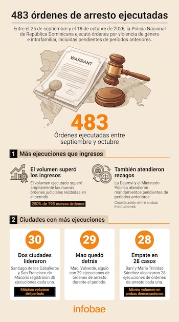 Infografía con un documento judicial, un mazo de madera sobre el mapa de República Dominicana, cifras numéricas y cuadros de texto informativos.