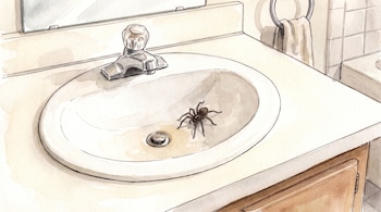 Una ilustración en estilo acuarela de una araña dentro de un lavabo blanco de baño, junto a un grifo y un toallero.