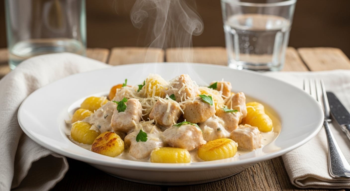 Receta de ñoquis de pollo a la crema, rápida y fácil