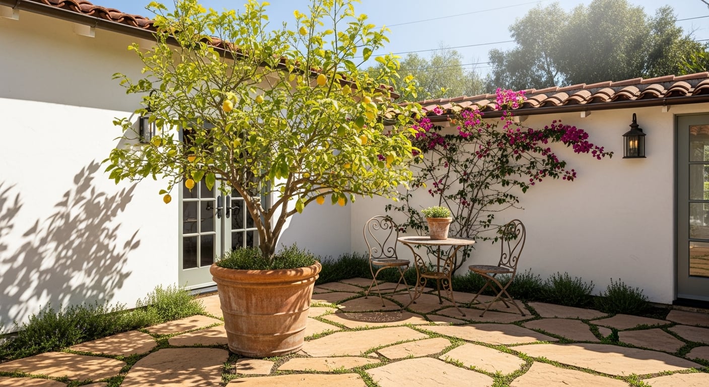 Un vibrante limonero Meyer en maceta domina un patio mediterráneo bañado por el sol, rodeado de bougainvillea fucsia, un juego de bistro y un sendero de losas irregulares, creando un rincón idílico. (Imagen Ilustrativa Infobae)