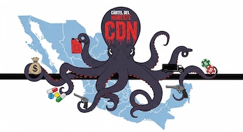 Ilustración de un pulpo gris y violeta con el logo CDN en su cabeza, extendiéndose sobre el mapa del noreste de México, rodeando íconos de crimen organizado.