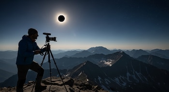 Hombre con cámara y trípode en montaña rocosa bajo eclipse solar total. Cielo oscuro con estrellas y cadenas montañosas.