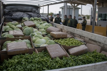 Paquetes rectangulares marrones colocados entre cajas de repollo y cilantro dentro de un camión, con agentes uniformados al fondo.