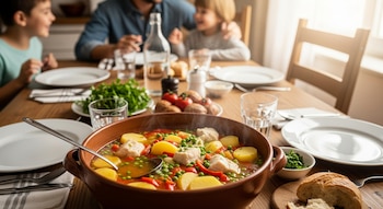 Olla de barro con chupín de pescado hirviendo (pescado, patatas, guisantes, pimientos rojos) sobre mesa de madera. Familia borrosa come al fondo.