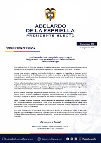 Abelardo de la Espriella designó cuatro funcionarios, entre ellos Nicolás Gómez, para el despacho de Presidencia - crédito Defensores de la Patria