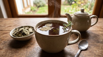 Una taza de cerámica con infusión de boldo humeante y una ramita de hierba fresca, junto a un cuenco con hojas secas y una tetera sobre una mesa de madera, con una ventana y un jardín difuso al fondo.