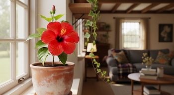 Primer plano de un hibisco rojo florecido en una maceta de terracota sobre el alféizar de una ventana, con un salón luminoso borroso al fondo.