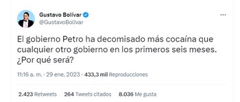 A través de Twitter, el exsenador afirmó que ese logro es producto del actual gobierno.
Twitter (@GustavoBolivar)