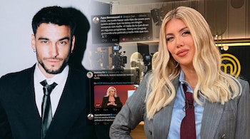 Un collage muestra a Agustín Bernasconi con traje negro y Wanda Nara con traje a rayas. Pantallazos de redes sociales sobre rumores de romance están superpuestos.