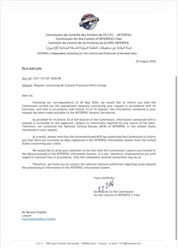 Interpol aclaró que solo puede pronunciarse sobre la información de sus bases y no sobre investigaciones de Estados Unidos ni decisiones de la Ofac - crédito @petrogustavo/X