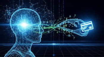 Una cabeza de perfil hecha de líneas y puntos luminosos emite datos hacia manos de alambre que sostienen una tarjeta de crédito brillante sobre un fondo oscuro.