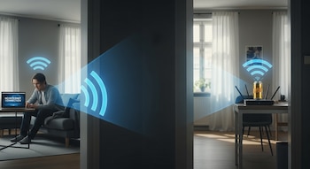 Interior de casa moderna con un hombre en un sofá frente a un portátil con "NO INTERNET CONNECTION". En otra habitación, un router con una lata y ondas WiFi azules.