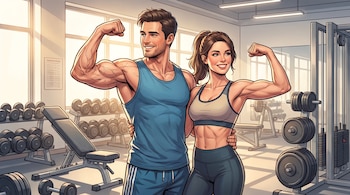 Un hombre y una mujer musculosos flexionan sus bíceps en un gimnasio que contiene mancuernas, un banco de pesas y una máquina de cables.