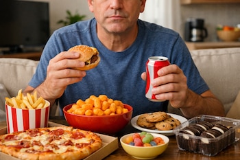 Primer plano de un hombre con camiseta azul sosteniendo una hamburguesa y una lata de refresco, rodeado de pizza, papas fritas, snacks y dulces