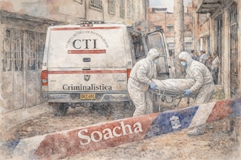 Una furgoneta blanca con logos del CTI Criminalística, dos personas con trajes blancos manipulan una camilla con un cuerpo y una cinta con la palabra Soacha.