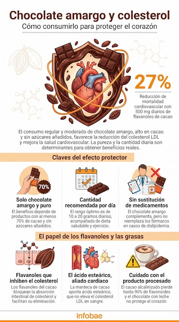 Infografía con un corazón, barras de chocolate, granos de cacao y moléculas químicas. Incluye íconos de mano con chocolate, calendario, médico y taza con advertencia.