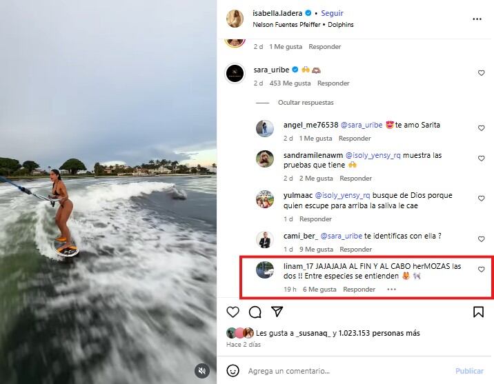 Una usuaria recriminó a Sara Uribe, respondiendo un comentario que la modelo dejó en apoyo a Isabella Ladera, por el escándalo del video filtrado con Beéle - crédito @sara_uribe/Instagram