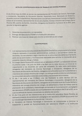 El acuerdo contempla que la instalación y capacitación del laboratorio Steam inicien el 1 de junio, con visitas técnicas y mesas de trabajo - crédito Juliana Rubiano/X